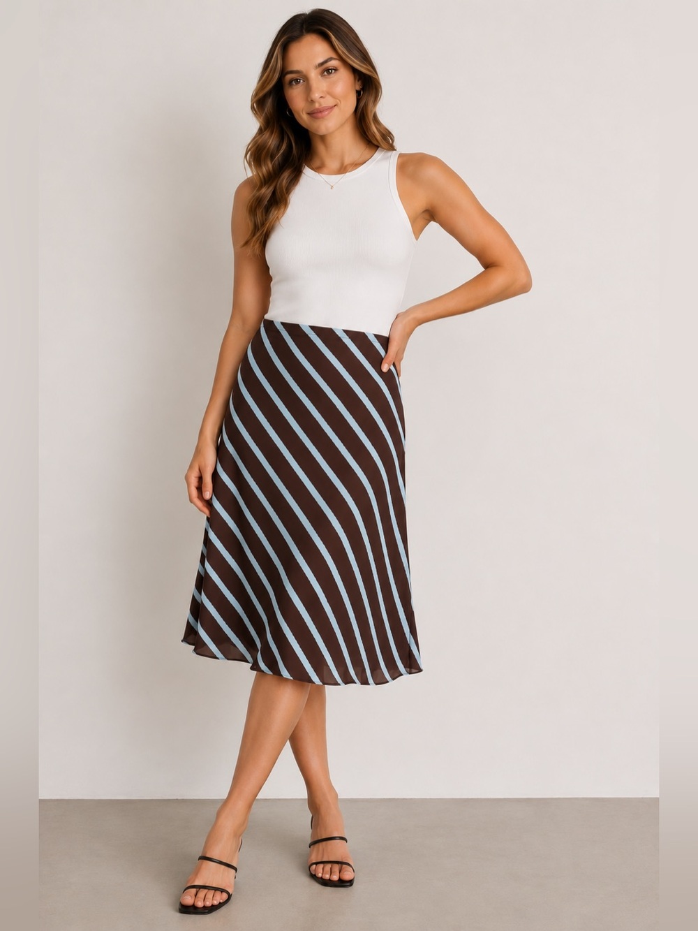 S.L.B Blue and Brown Stripes Silk Skirt NWT Size Medium Classic Flowy